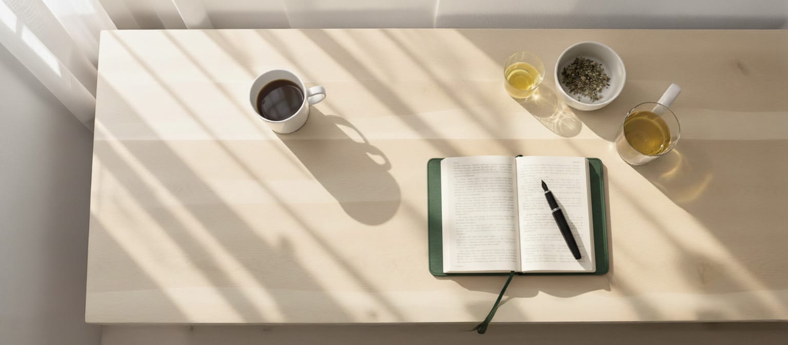 cafe-theanine-adaptogenes-concentration-lecture. Tasse de café et tasses de thé posées près d’un carnet ouvert, symbolisant l’association caféine, L-théanine et adaptogènes pour la concentration.