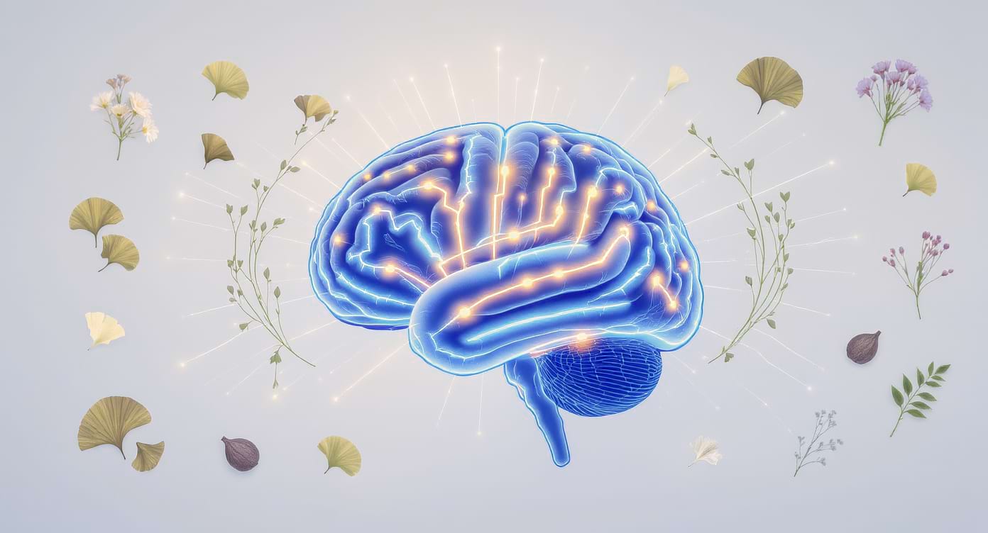 cerveau-nootropiques-neurotransmetteurs Illustration du cerveau et des neurotransmetteurs stimulés par les nootropiques naturels.