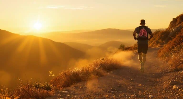 Athlète en pleine course en montagne, symbolisant l’endurance et l’oxygénation grâce au cordyceps.