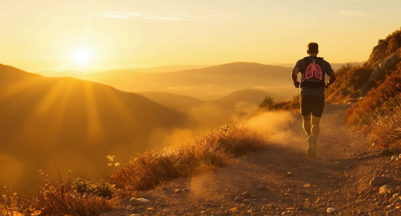 Athlète en pleine course en montagne, symbolisant l’endurance et l’oxygénation grâce au cordyceps.
