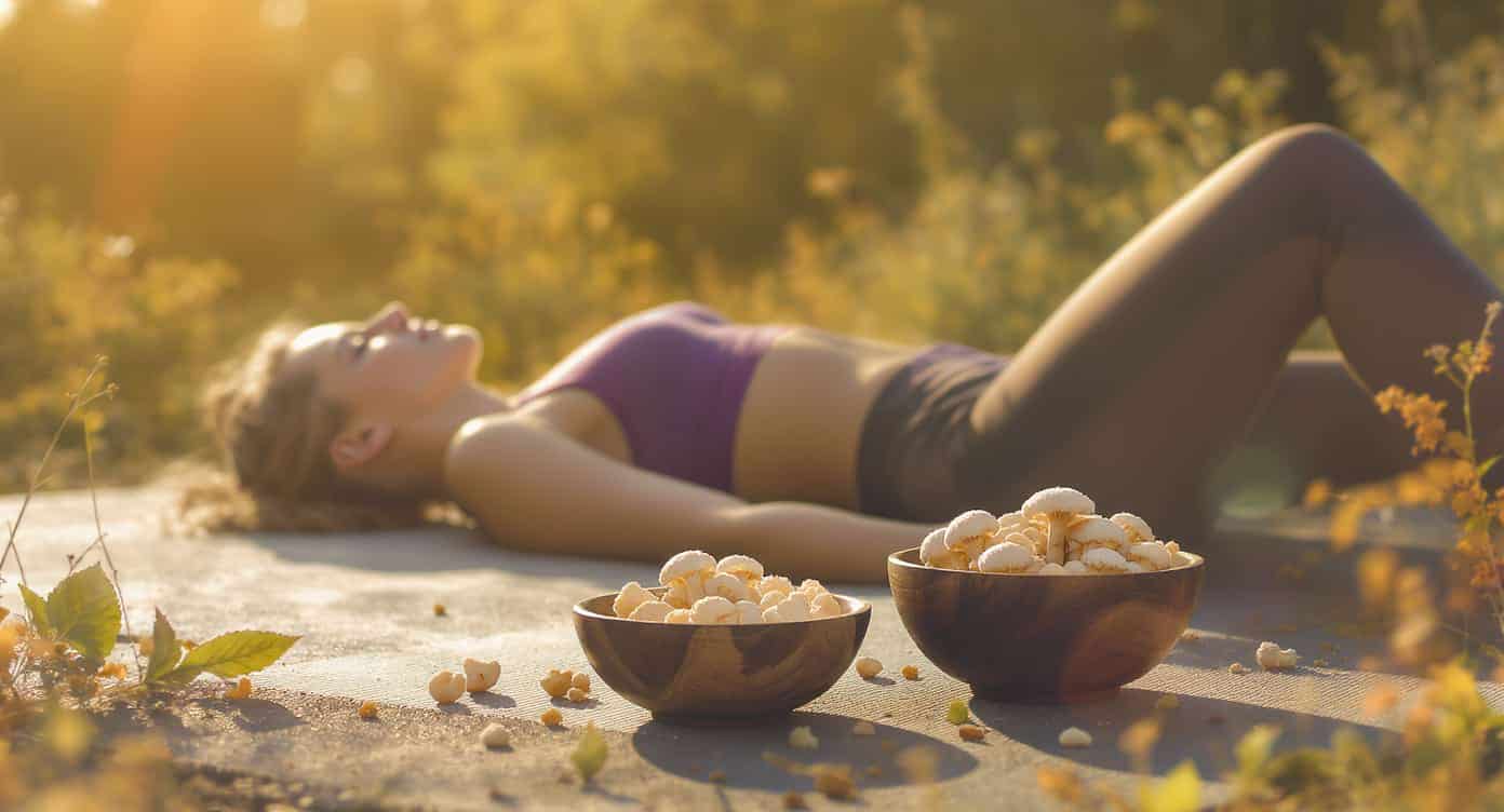 Athlète au repos après l’entraînement, avec un bol de champignons cordyceps à ses côtés, illustrant la récupération naturelle.