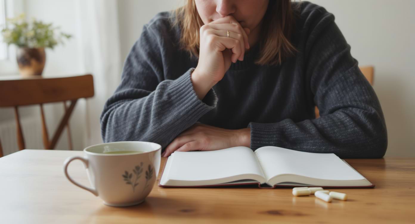 Personne observant ses ressentis avec un carnet et des gélules d’ashwagandha KSM-66 bio.