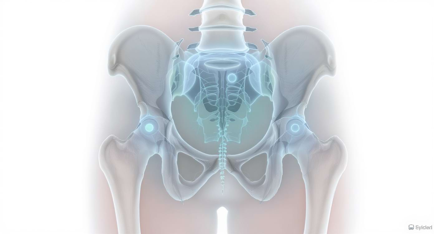 Illustration médicale minimaliste du bassin avec ganglions inguinaux mis en évidence le long du pli de l’aine.