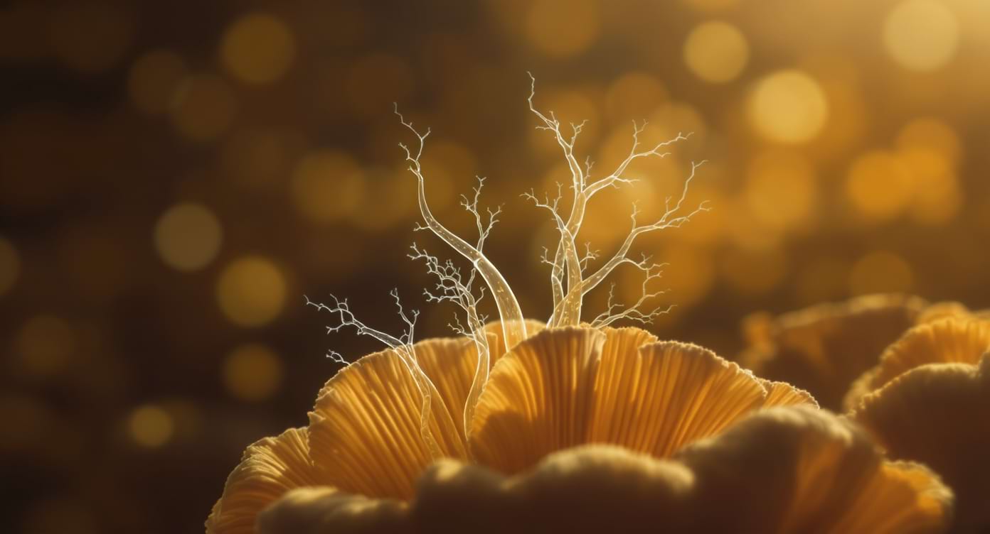 hericium-erinaceus-neurones-ngf-illustration-conceptuelle Illustration conceptuelle du Lionâs mane avec des neurones translucides en croissance.