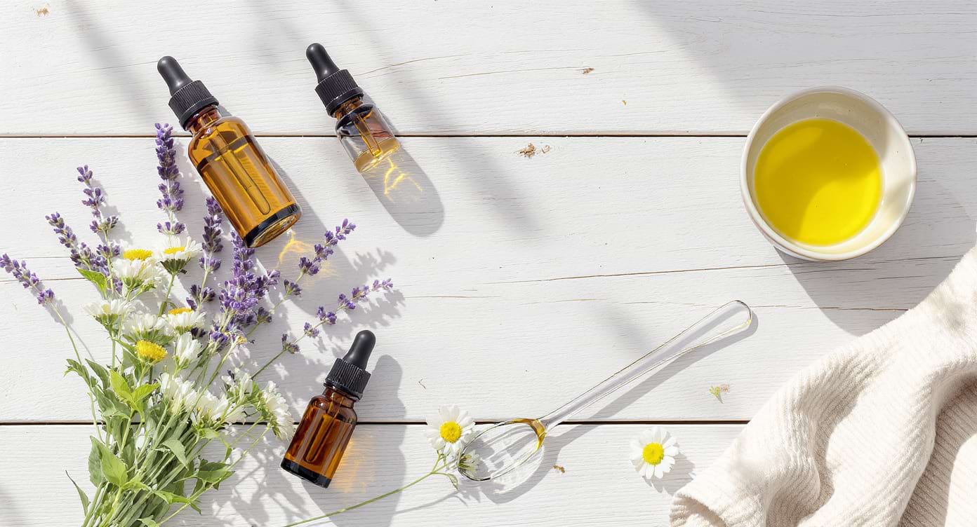 flacons ambrés, lavande et camomille, matériel d’aromathérapie posé sur bois clair.