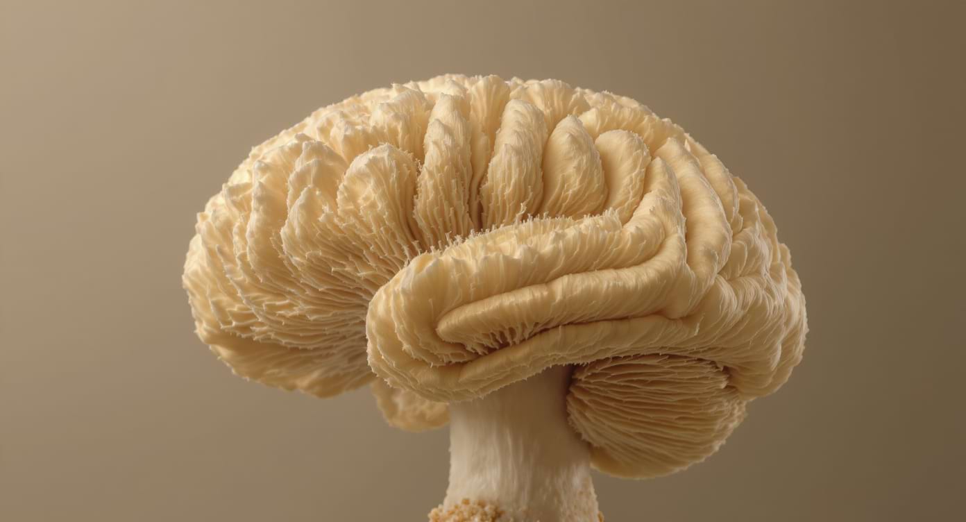 Gros plan dâun champignon Lionâs mane Ă©voquant un cerveau, symbolisant mĂ©moire et crĂ©ativitĂ©.
