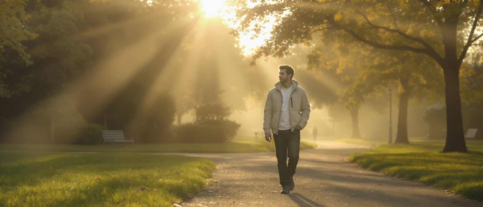 marche-matinale-parc-soleil Homme marchant dans un parc au lever du soleil, entouré de rayons lumineux.