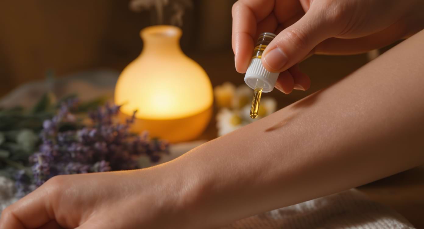 Mains réalisant un auto-massage dilué avec, au fond, un diffuseur et un bouquet lavande-camomille.