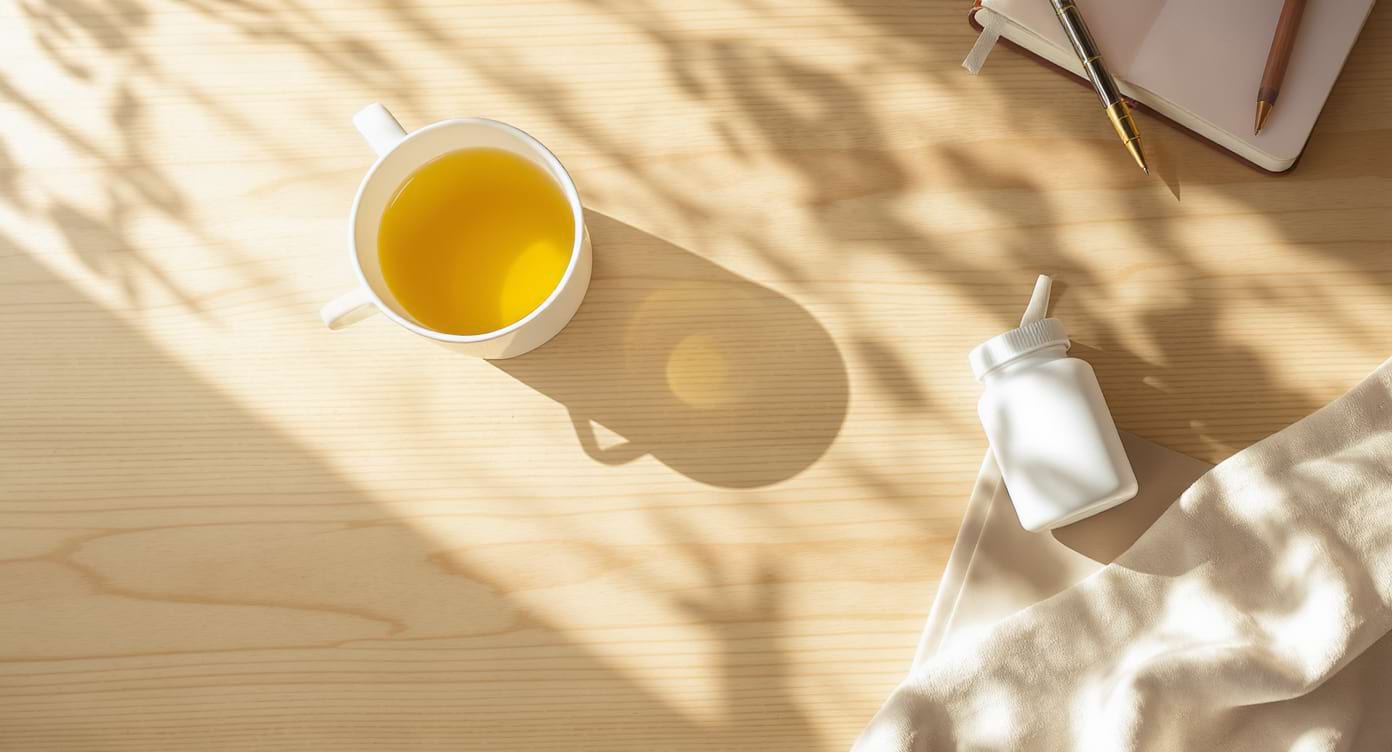 routine-biohacking-rhodiola-carnet-the-supplement Tasse de thé, carnet de notes et flacon de complément alimentaire à la rhodiola sur une table en bois, ambiance matinale