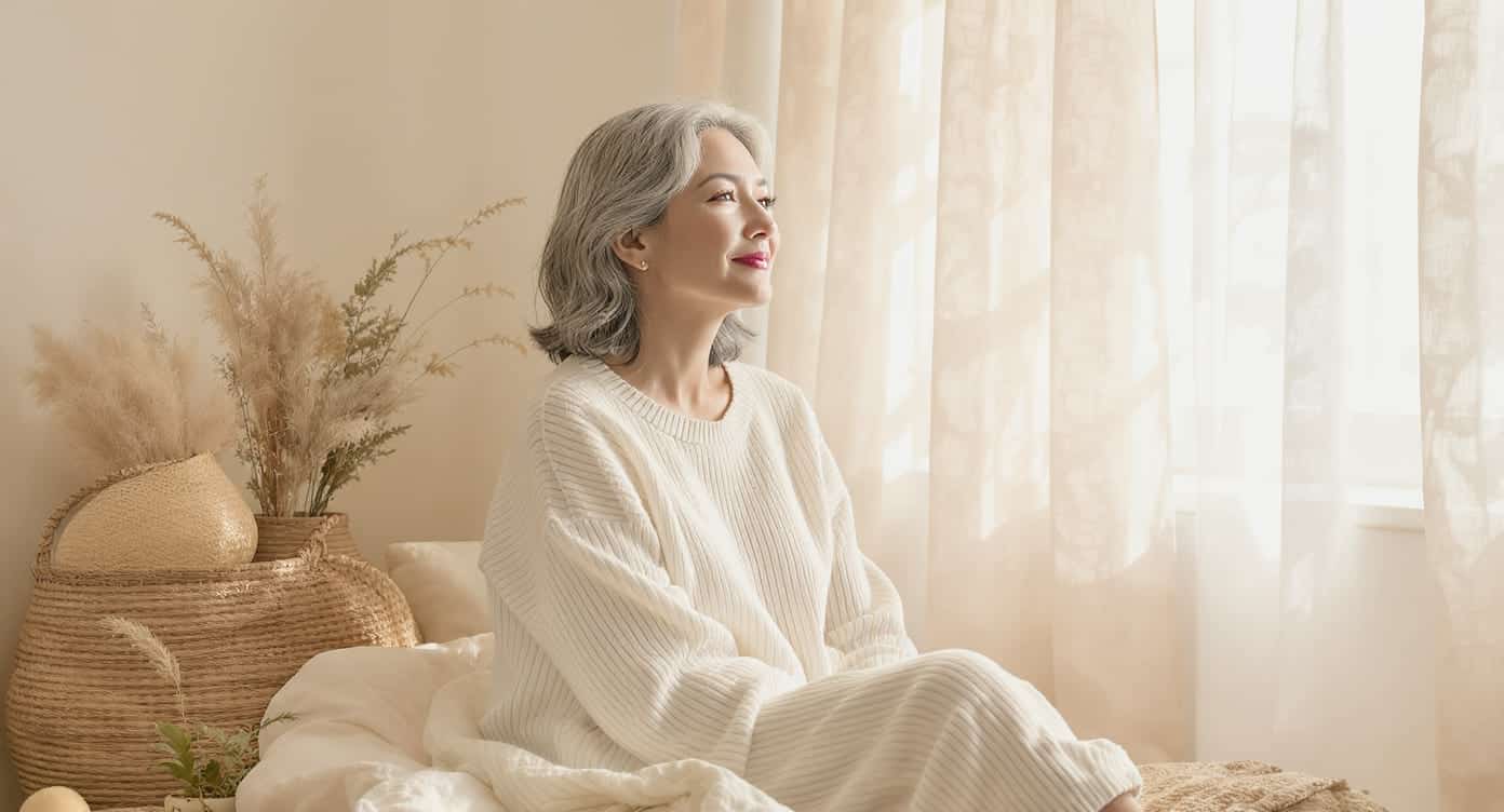 Femme de 50 ans apaisée, entourée de plantes naturelles, symbolisant équilibre et sérénité.