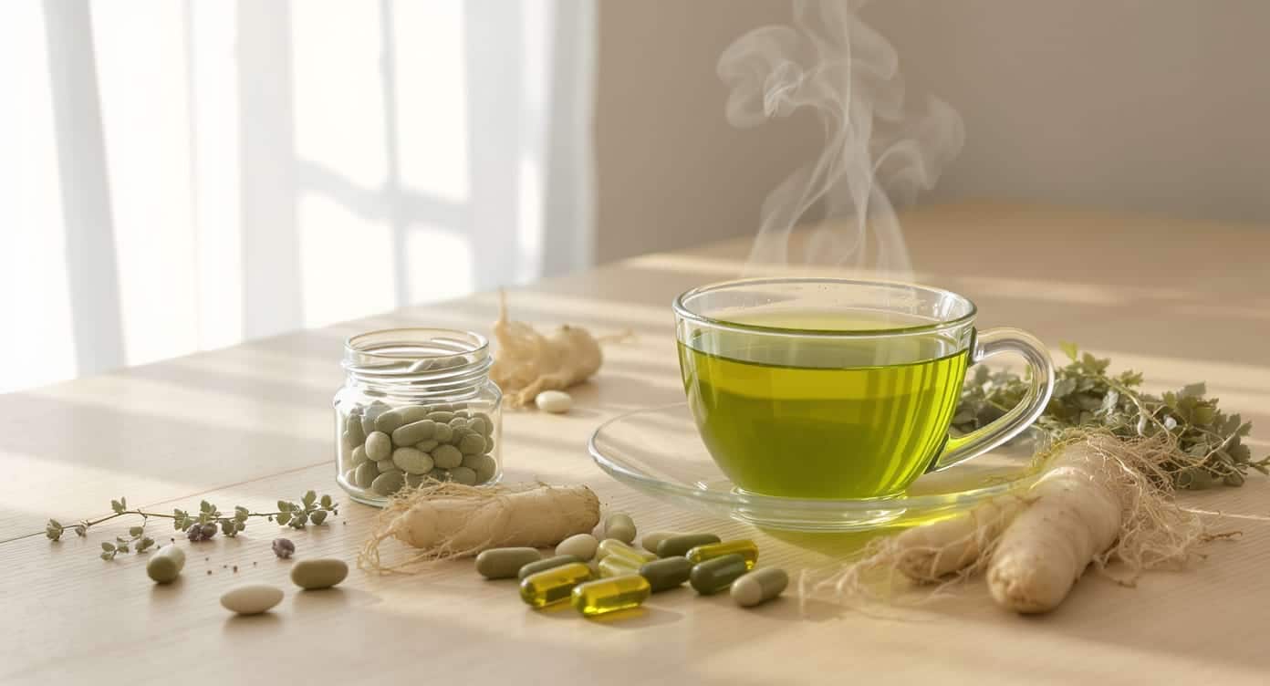 Mise en scène naturelle avec tasse de thé, gélules et plantes adaptogènes illustrant un stack nootropique personnalisé