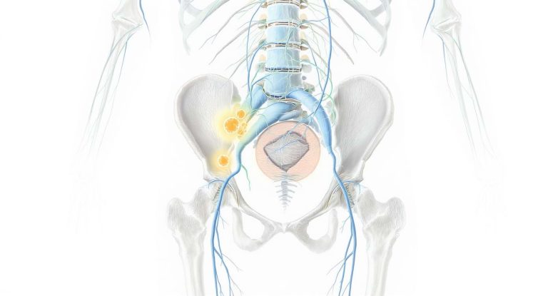 Illustration anatomique du système lymphatique avec focus sur les ganglions inguinaux.