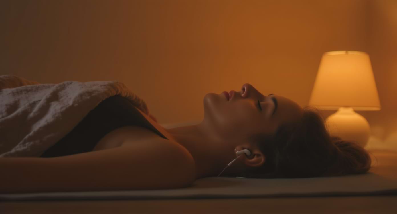 yoga-nidra-insomnie-hero-chambre-ambree Personne allongée en yoga nidra dans une chambre calme éclairée d’une lumière ambrée, ambiance propice au sommeil.