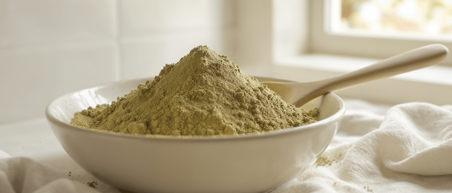 Bol de poudre d’argile verte naturelle avec cuillère en bois, posé près d’une fenêtre à la lumière douce du matin.