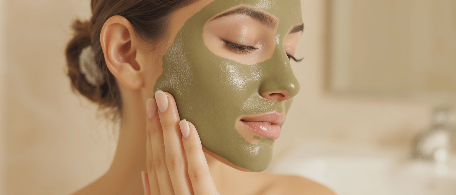 Femme appliquant un masque à l’argile verte sur son visage, peau lumineuse et expression détendue.