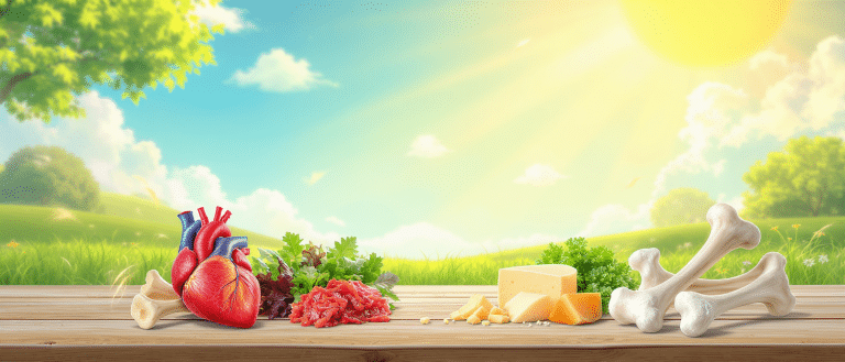 Association vitamine D3 et K2 illustrée par des aliments, le cœur et les os sous le soleil.