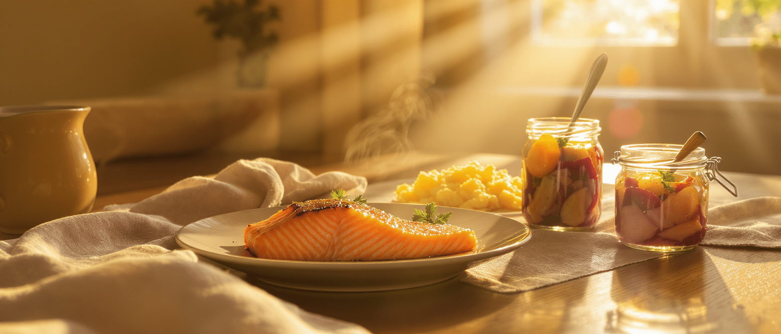 repas-riche-en-vitamine-d3-saumon-lumiere-naturelle Assiette de saumon cuit à la vapeur avec légumes colorés dans une lumière naturelle symbolisant la vitamine D3.