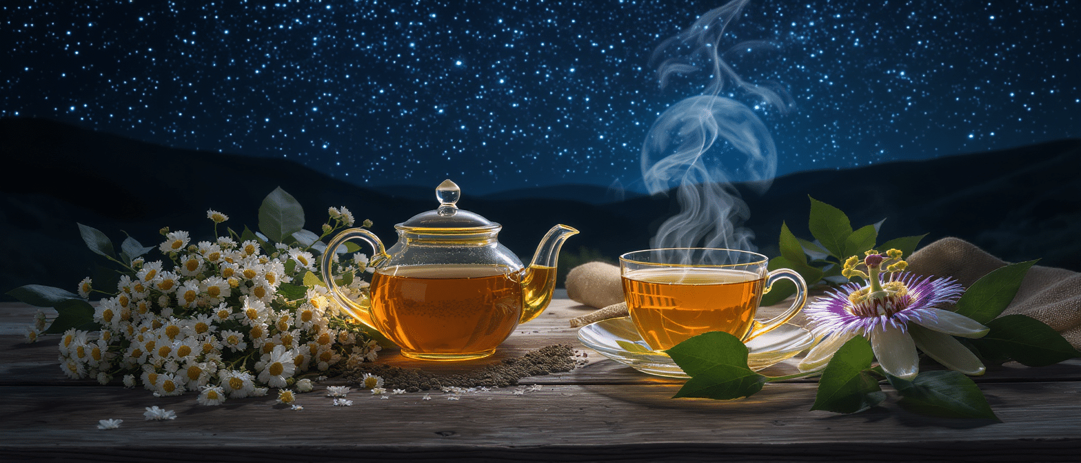 Tisane de camomille et de passiflore sur une table en bois, sous un ciel étoilé, avec une théière fumante et des fleurs fraîches.