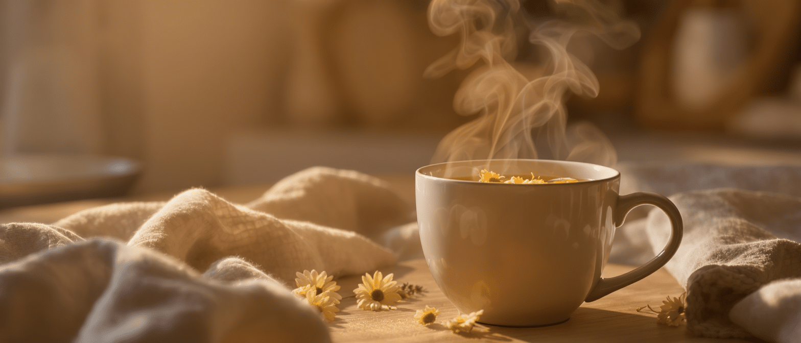 tasse-camomille-infusion-detente-soir Tasse de tisane à la camomille fumante sur une table en bois, entourée de fleurs et d’un linge doux dans une lumière dorée.