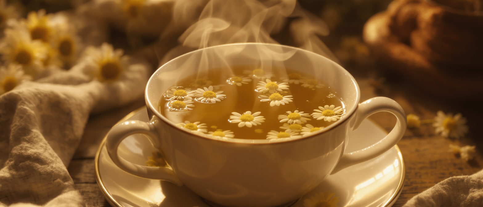 tisane-camomille-fleurs-chaleur-soir Tasse de tisane à la camomille garnie de fleurs fraîches flottantes, dégageant une vapeur chaude dans une ambiance douce et feutrée.
