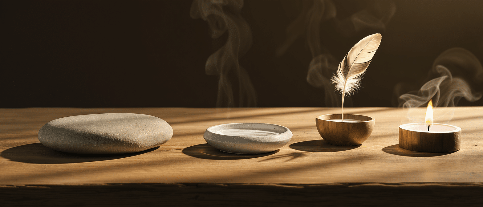 symboles-cinq-elements-ayurveda-table-naturelle Représentation symbolique des cinq éléments de l’Ayurveda sur une table en bois : pierre, bol d’eau, plume, feu et encens fumant.