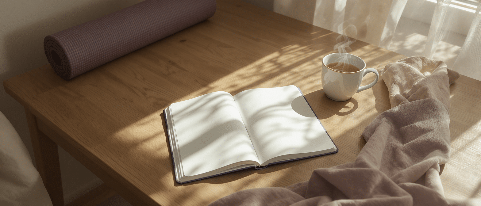 routine-ayurvedique-carnet-yoga-matin Carnet ouvert sur une table en bois, tasse de thé fumante et tapis de yoga roulé dans la lumière du matin.