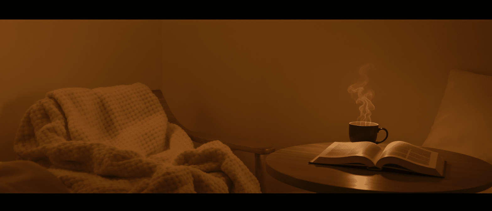 Tasse de tisane chaude et livre ouvert sur une table, dans une lumière douce et chaleureuse.