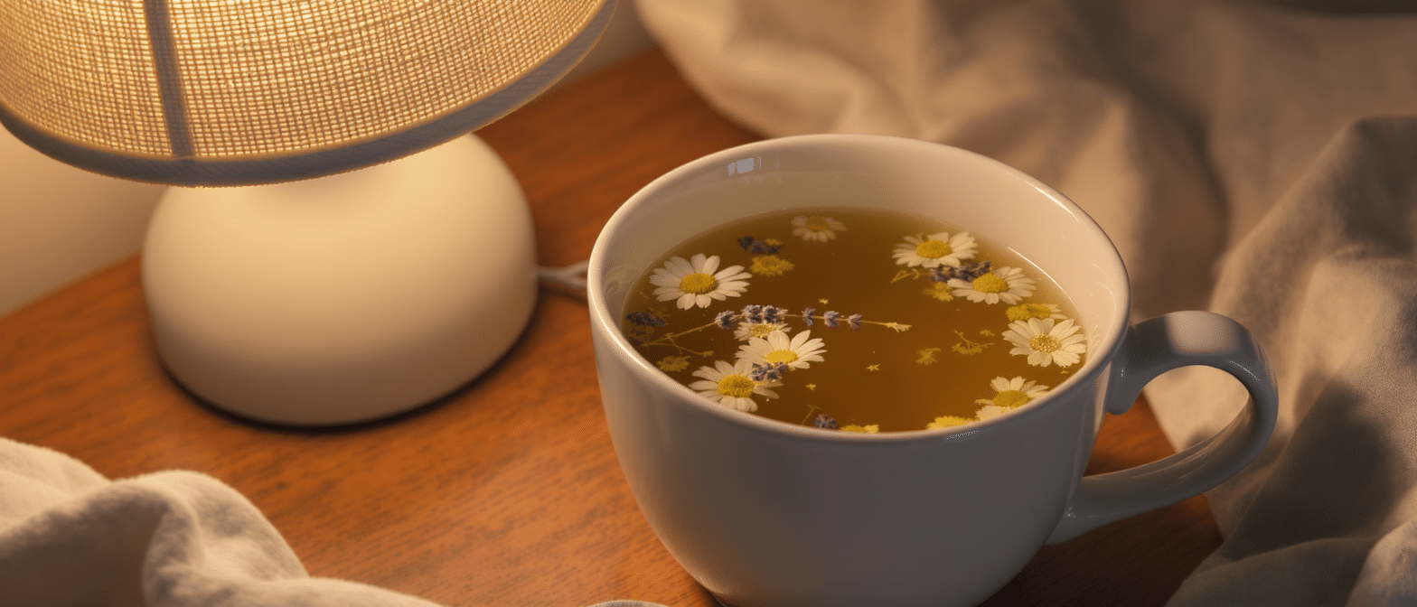 Tasse de tisane chaude à la camomille et à la lavande posée près d’une lampe à lumière douce.