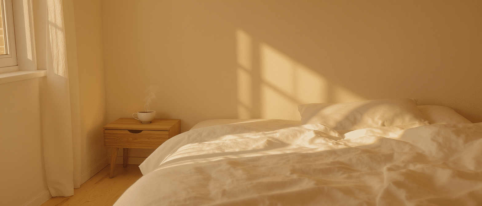 Chambre lumineuse avec lumière du matin douce et tasse fumante sur la table de chevet.