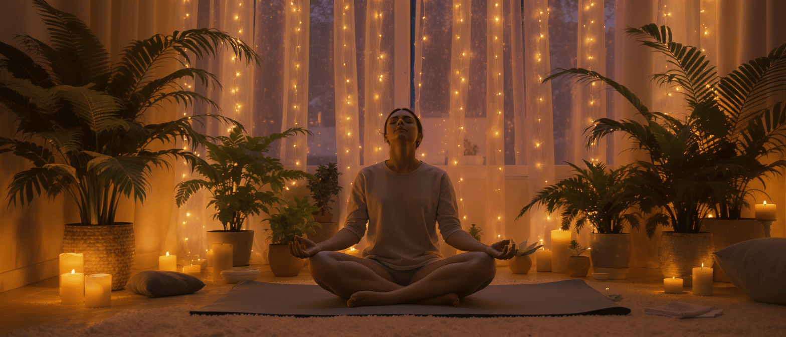 Femme assise en méditation dans une pièce calme, entourée de plantes et de bougies, avec une lumière douce et apaisante.