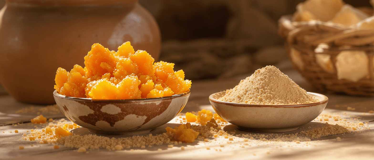 Bol de pulpe de baobab fraîche et bol de poudre de baobab sur une table en bois, lumière naturelle.