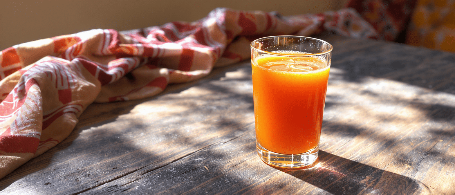 Verre de jus de baobab orange posé sur une table en bois, éclairé par la lumière du soleil.