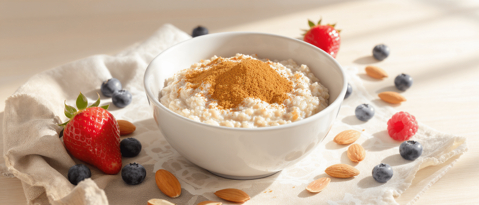Bol de porridge crémeux au baobab garni de fruits rouges, myrtilles et amandes sur une table lumineuse.