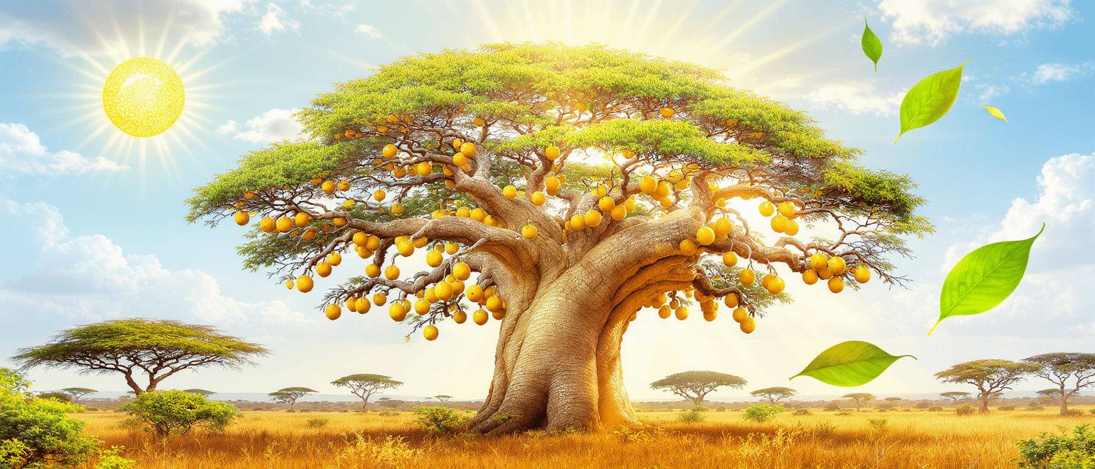 Arbre de baobab majestueux chargé de fruits dorés sous le soleil dans la savane africaine.