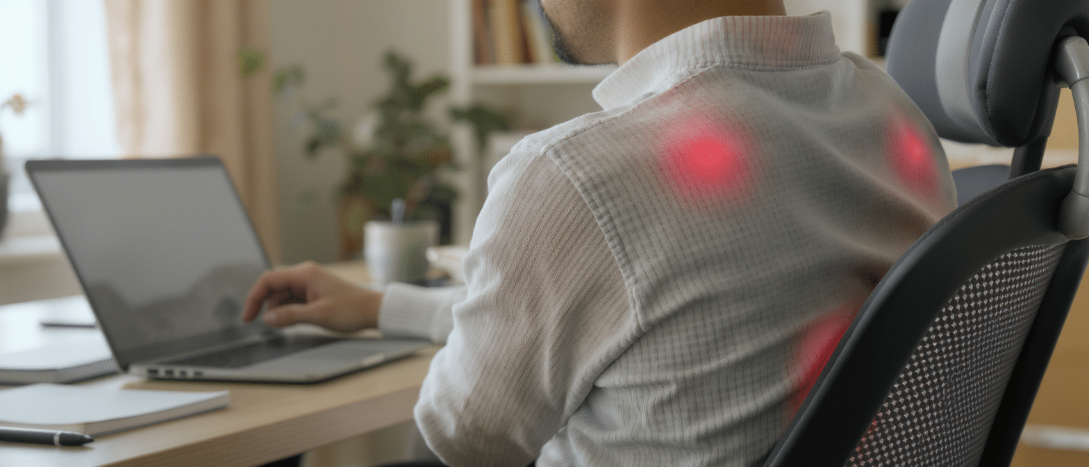 douleur-omoplate-gauche-posture-bureau Homme assis devant un ordinateur ressentant une douleur à l’omoplate gauche en raison d’une posture prolongée.