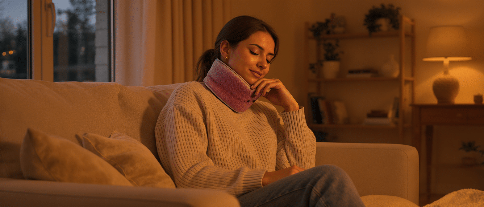 Femme assise sur un canapé, appliquant une compresse chaude sur sa nuque dans une lumière douce.