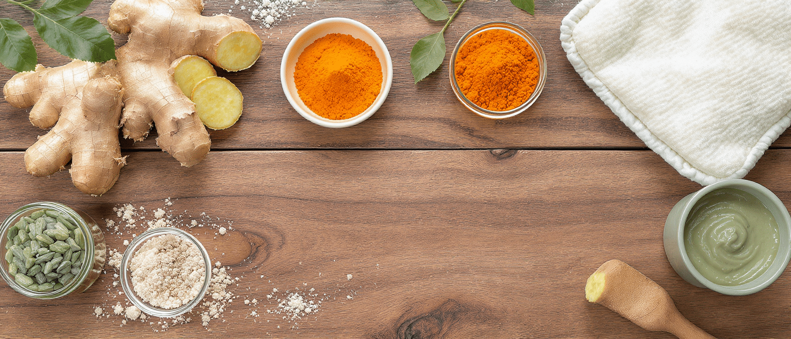 Remèdes naturels à base de curcuma, gingembre et argile verte