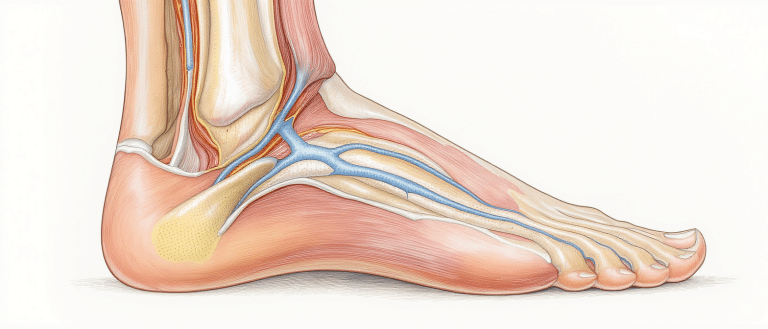 Illustration du trajet du nerf sural sur le côté externe du pied