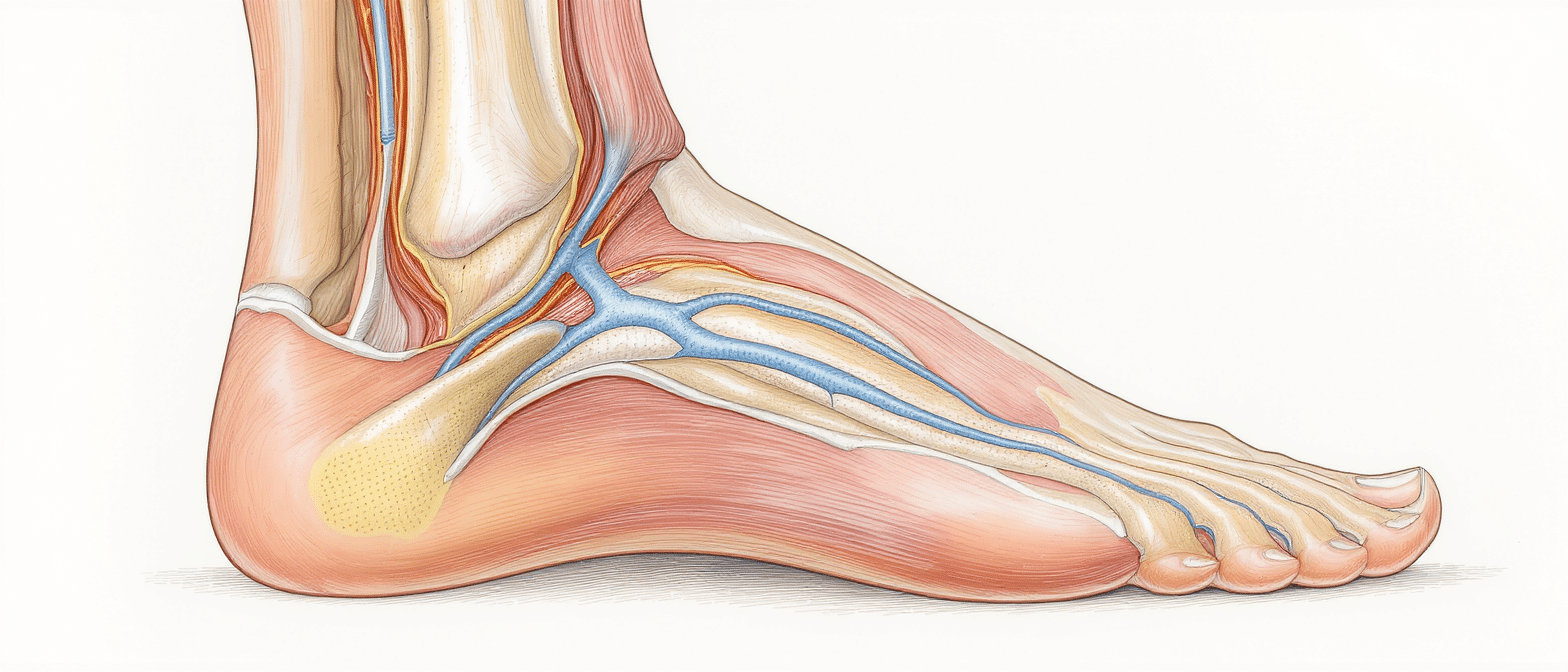 Illustration du trajet du nerf sural sur le côté externe du pied