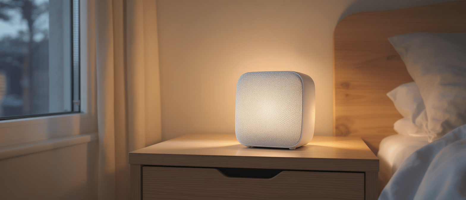 Enceinte à bruit blanc allumée sur une table de chevet dans une chambre calme et tamisée.
