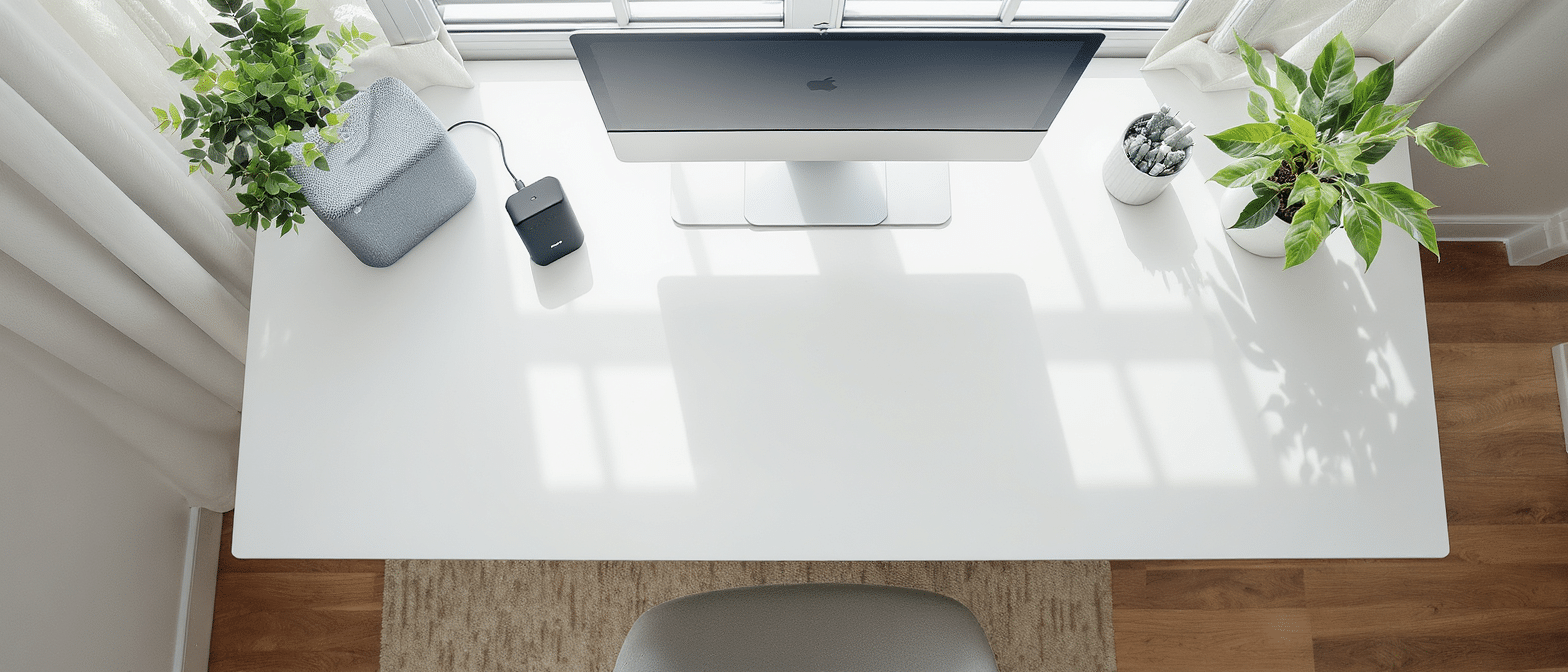 Enceinte à bruit blanc posée sur un bureau lumineux pour favoriser la concentration au travail.