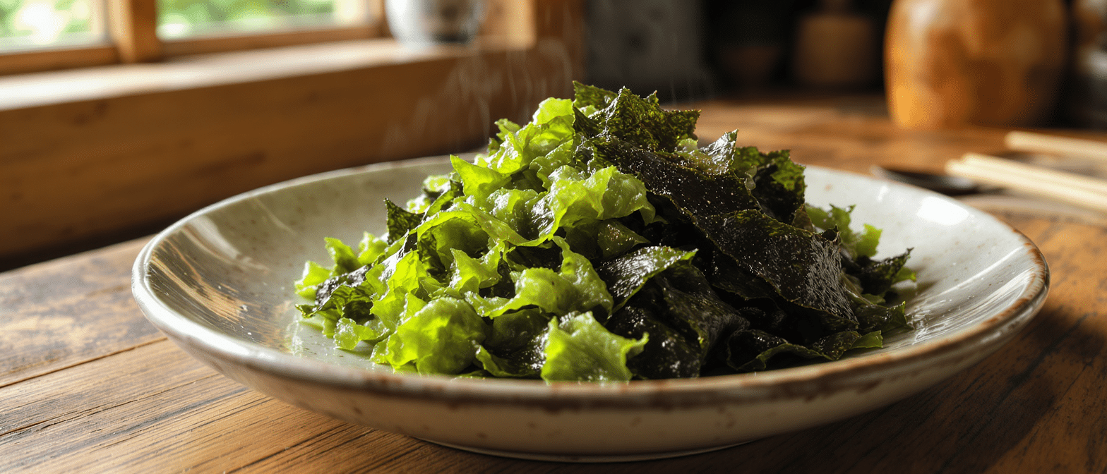 algues-magnesium-naturel. Assiette de salade d’algues vertes servie sur une table en bois, source naturelle de magnésium et de minéraux essentiels.