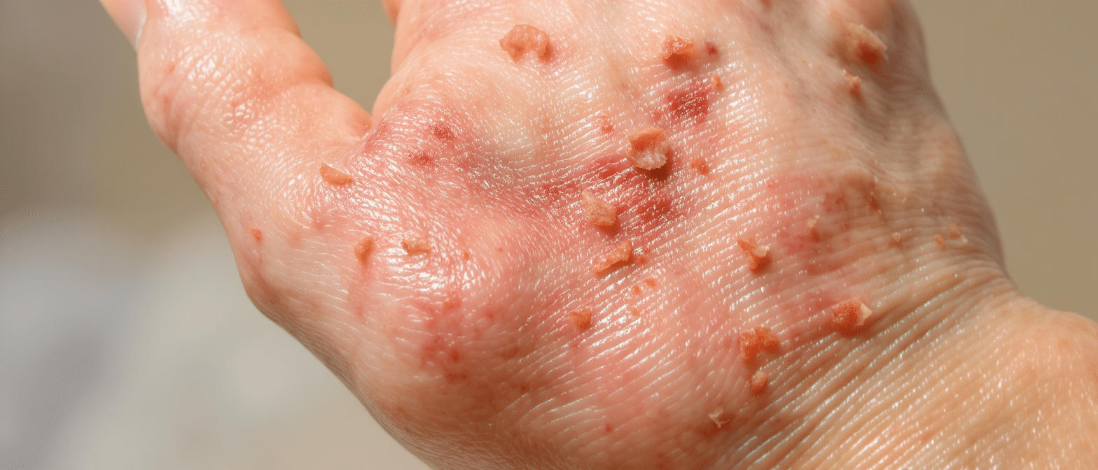 Main droite présentant des rougeurs et petites croûtes liées à une irritation cutanée