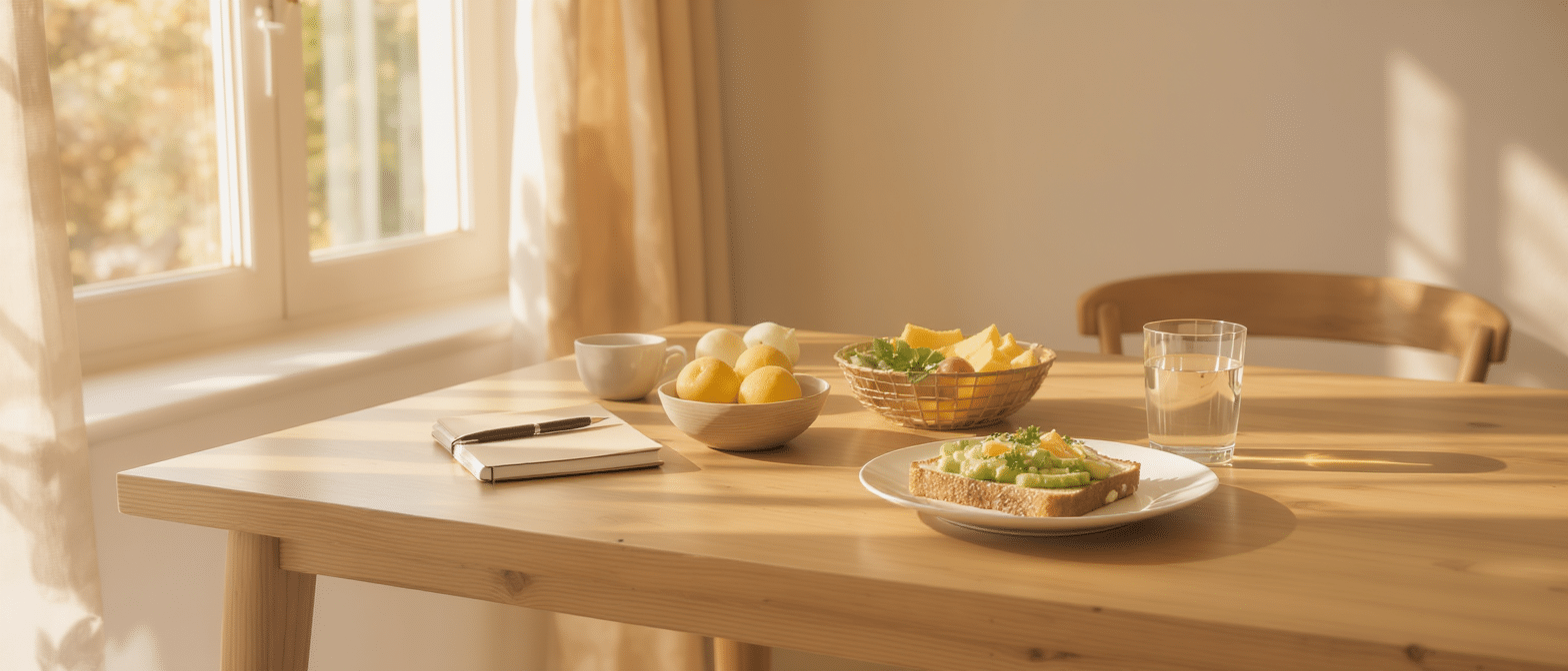 Petit-déjeuner équilibré au soleil du matin, symbolisant une routine favorable au microbiome.