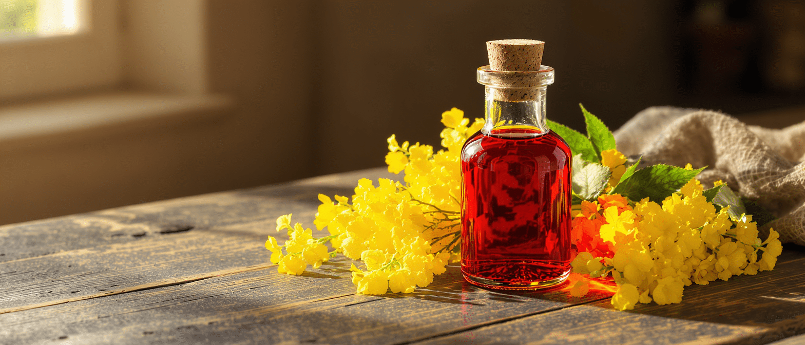 Flacon d’huile rouge de millepertuis posé sur une table en bois, entouré de fleurs jaunes fraîches.