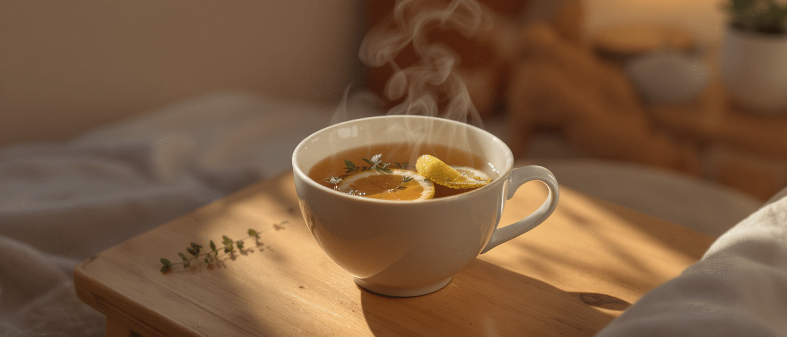 tisane-citron-thym-soir-detente Tasse de tisane fumante au citron et au thym posée sur une table en bois dans une lumière douce du soir.