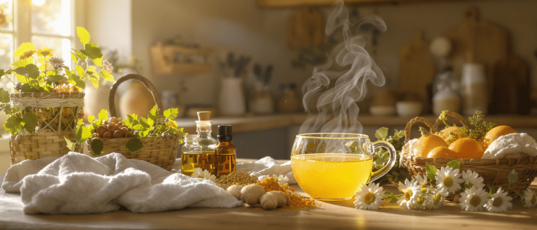 Tisane naturelle anti-inflammatoire à base de curcuma, gingembre et fleurs de camomille sur une table de cuisine lumineuse.