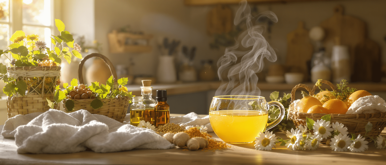 Tisane naturelle anti-inflammatoire Ă base de curcuma, gingembre et fleurs de camomille sur une table de cuisine lumineuse.