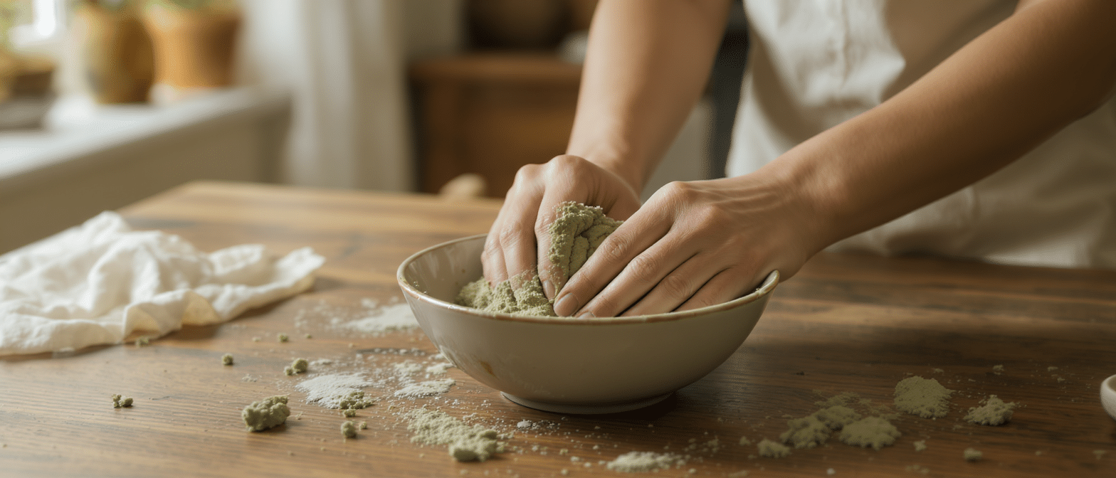 préparation-argile-verte-remede-naturel Mains préparant une pâte d’argile verte dans un bol pour un cataplasme naturel.