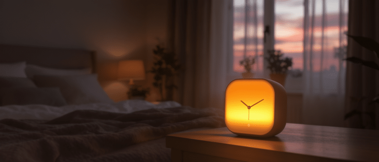 Réveil simulateur d’aube diffusant une lumière chaude dans une chambre au coucher du soleil.